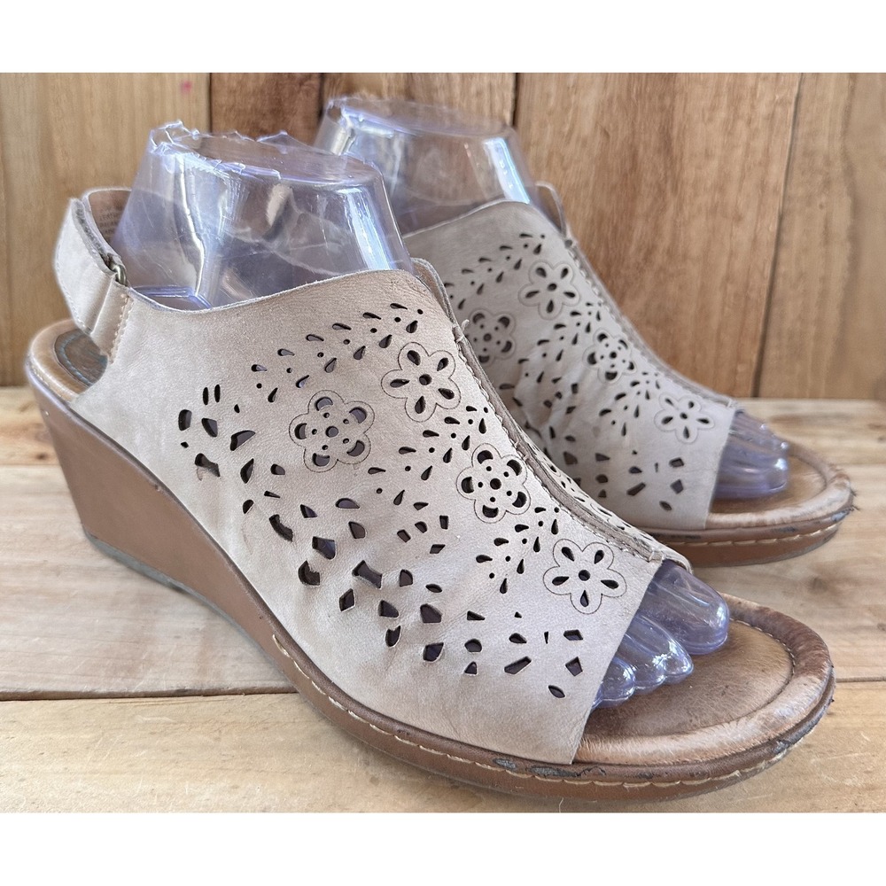 Montana Cork Wedge Suede Laser Cut Sandals Women 9.5 Tan Good